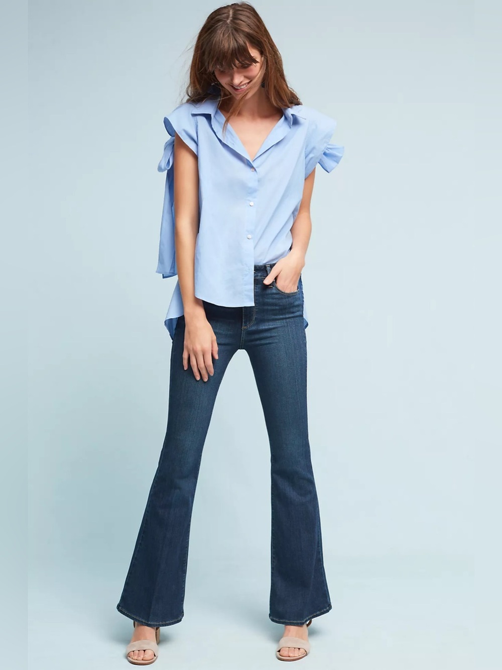 PAIGE High Rise Bell Canyon Flare Jeans Sz 28 Medium Blue Wash Raw Hem